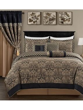 Luxury Jacquard Damask cal king 3 piece  Comforter Set in Brown and Black